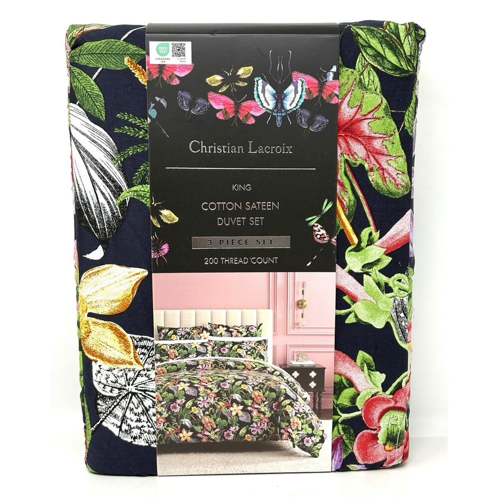 Christian Lacroix King Duvet Cover Set Cotton Tropical Floral Navy Blue NWT